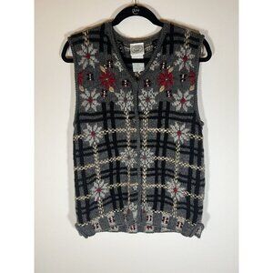 Vintage 90s Laura Ashley holiday gray red plaid wool sweater vest S preppy